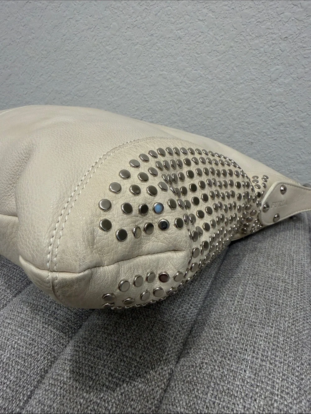 Furla Cream Studded Leather Hobo Shoulder Bag